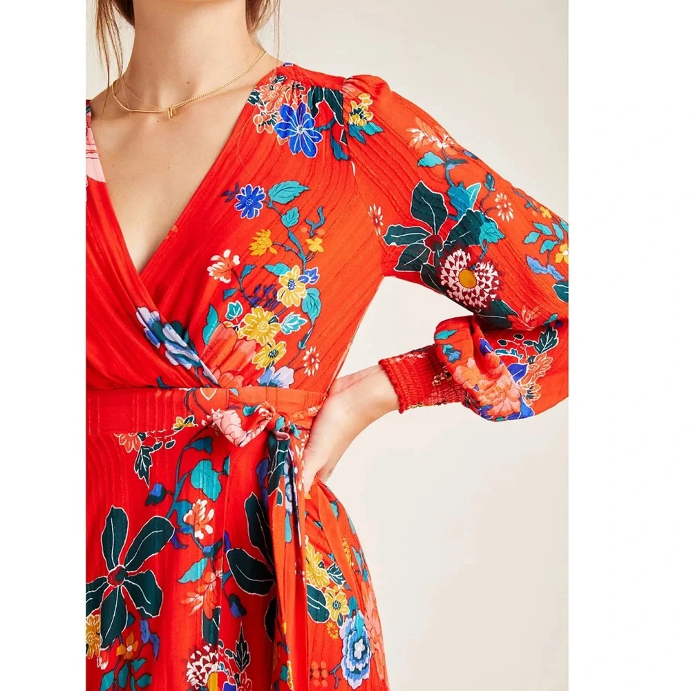 ANTHROPOLOGIE Boswell Red Floral Textured Wrap Tunic Dress Women's Size 12